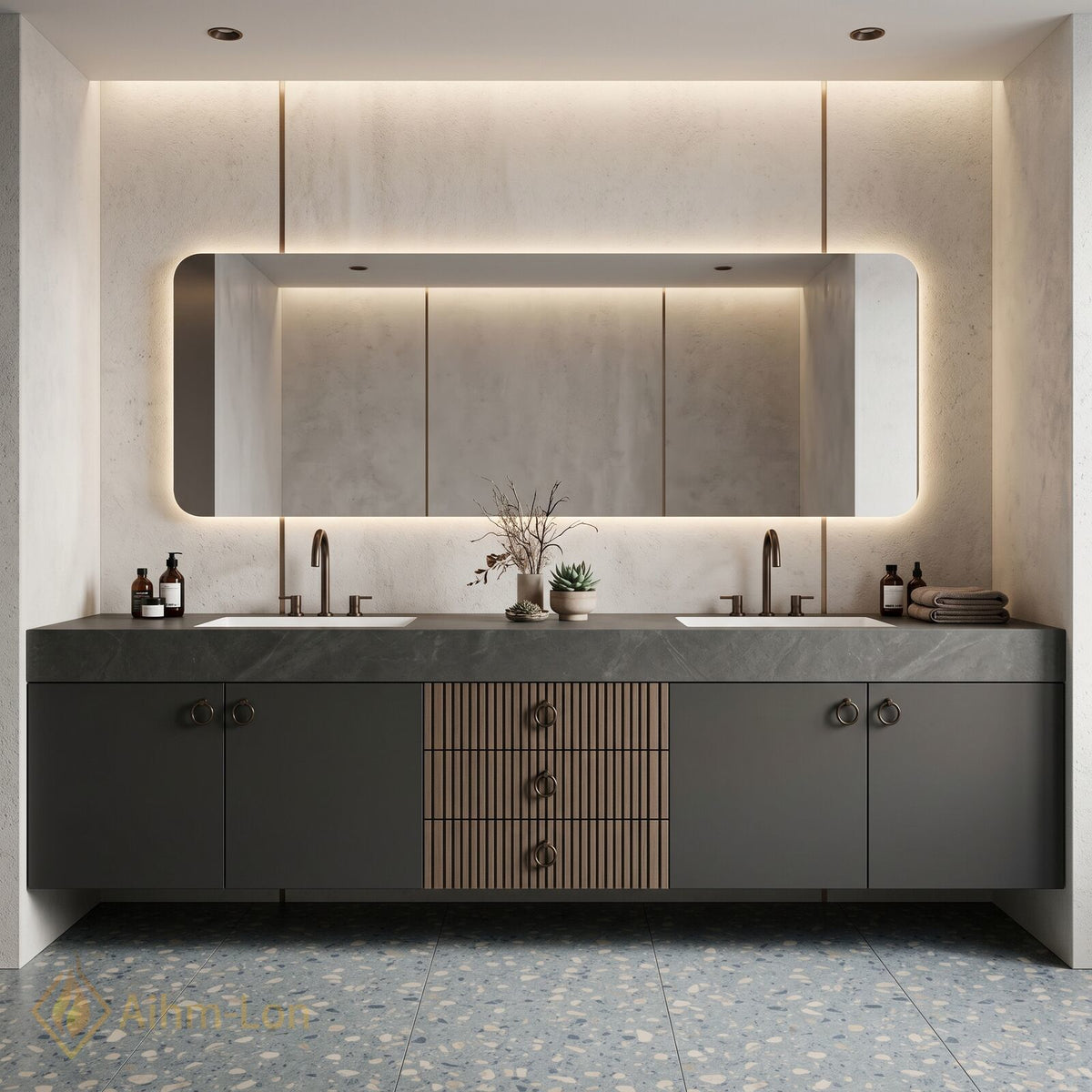 60''-96'' Double Bathroom Vanity with Sink Slatted Wood Panel Dark Gray Finish