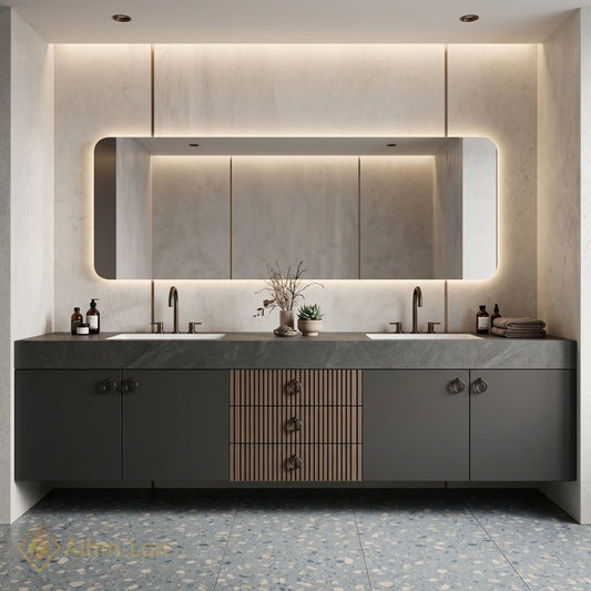 60''-96'' Double Bathroom Vanity with Sink Slatted Wood Panel Dark Gray Finish