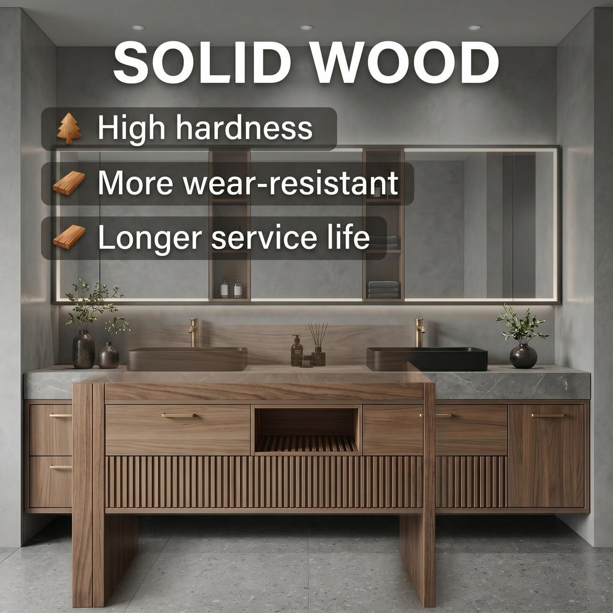 60''-96'' Double Bathroom Vanity with Sink Modern Floating Warm Wood Slatted Center Panel