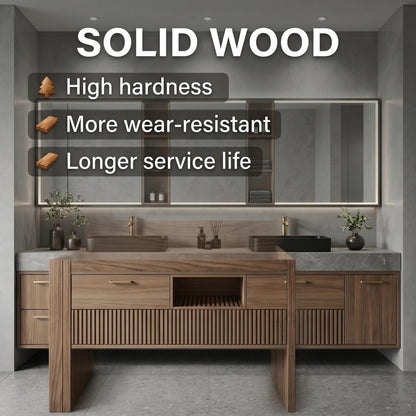60''-96'' Double Bathroom Vanity with Sink Modern Floating Warm Wood Slatted Center Panel