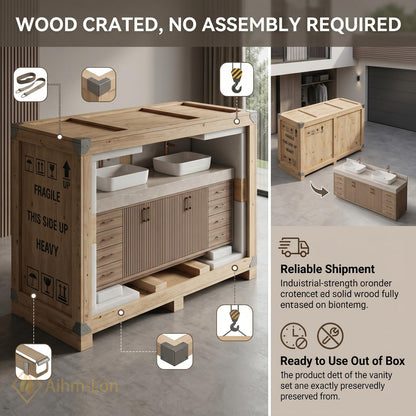 72''-96'' Double Bathroom Vanity with Sink Light-Wood Modern Slatted Doors Storage