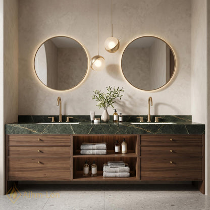 60''-96'' Double Bathroom Vanity with Sink Dark-Walnut Green Floating Open Stone