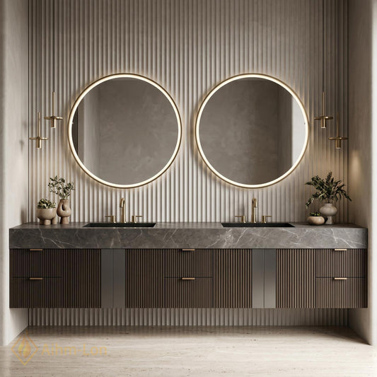 60''-96'' Double Bathroom Vanity with Sink Dark Modern Floating Stone-Top Slatted