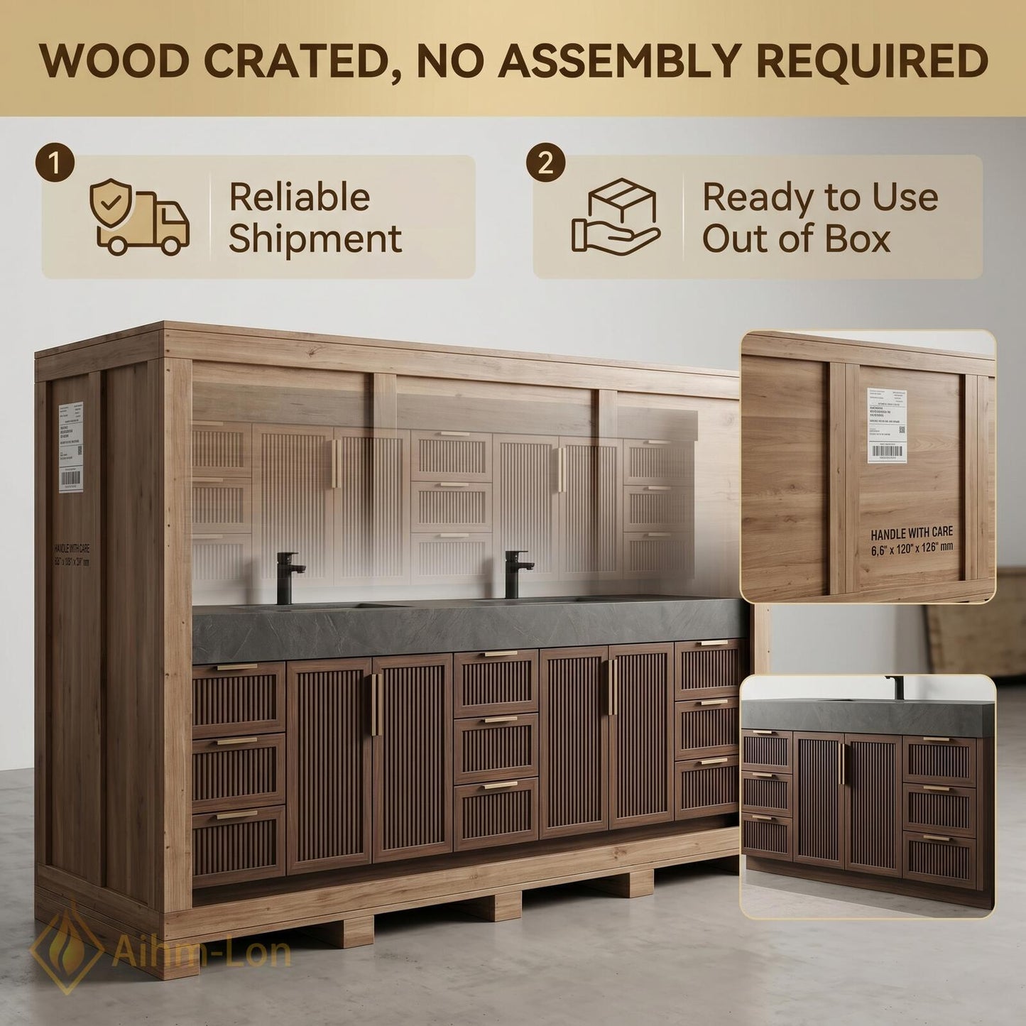 78''-96'' Double Bathroom Vanity with Sink Modern Floating Dark Stone Slatted Doors