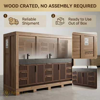 78''-96'' Double Bathroom Vanity with Sink Modern Floating Dark Stone Slatted Doors