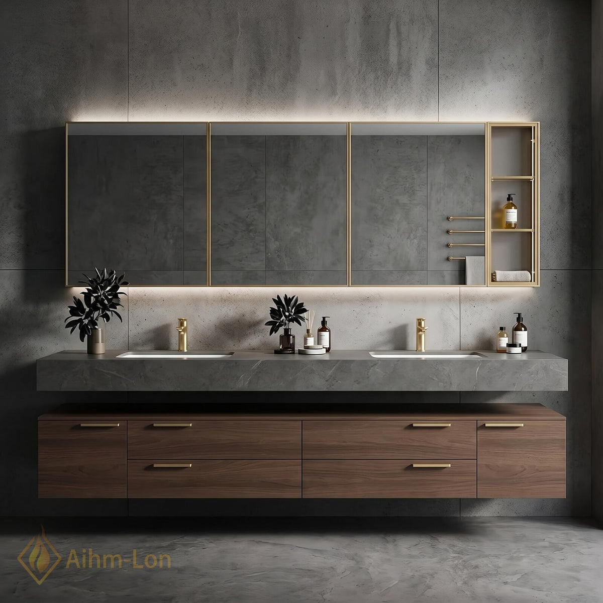 60''-96'' Double Bathroom Vanity with Sink Modern Slatted Center Dark Walnut Warm