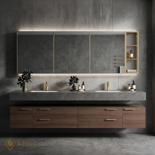 60''-96'' Double Bathroom Vanity with Sink Modern Slatted Center Dark Walnut Warm