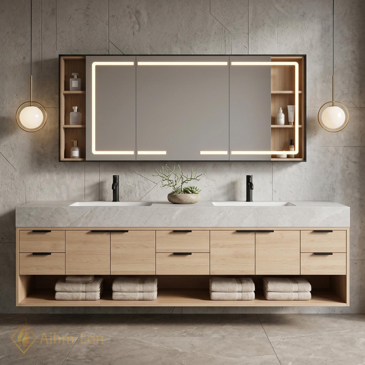 60''-96'' Double Bathroom Vanity with Sink Floating Light Wood Frame Stone Top