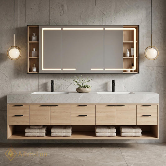 60''-96'' Double Bathroom Vanity with Sink Floating Light Wood Frame Stone Top