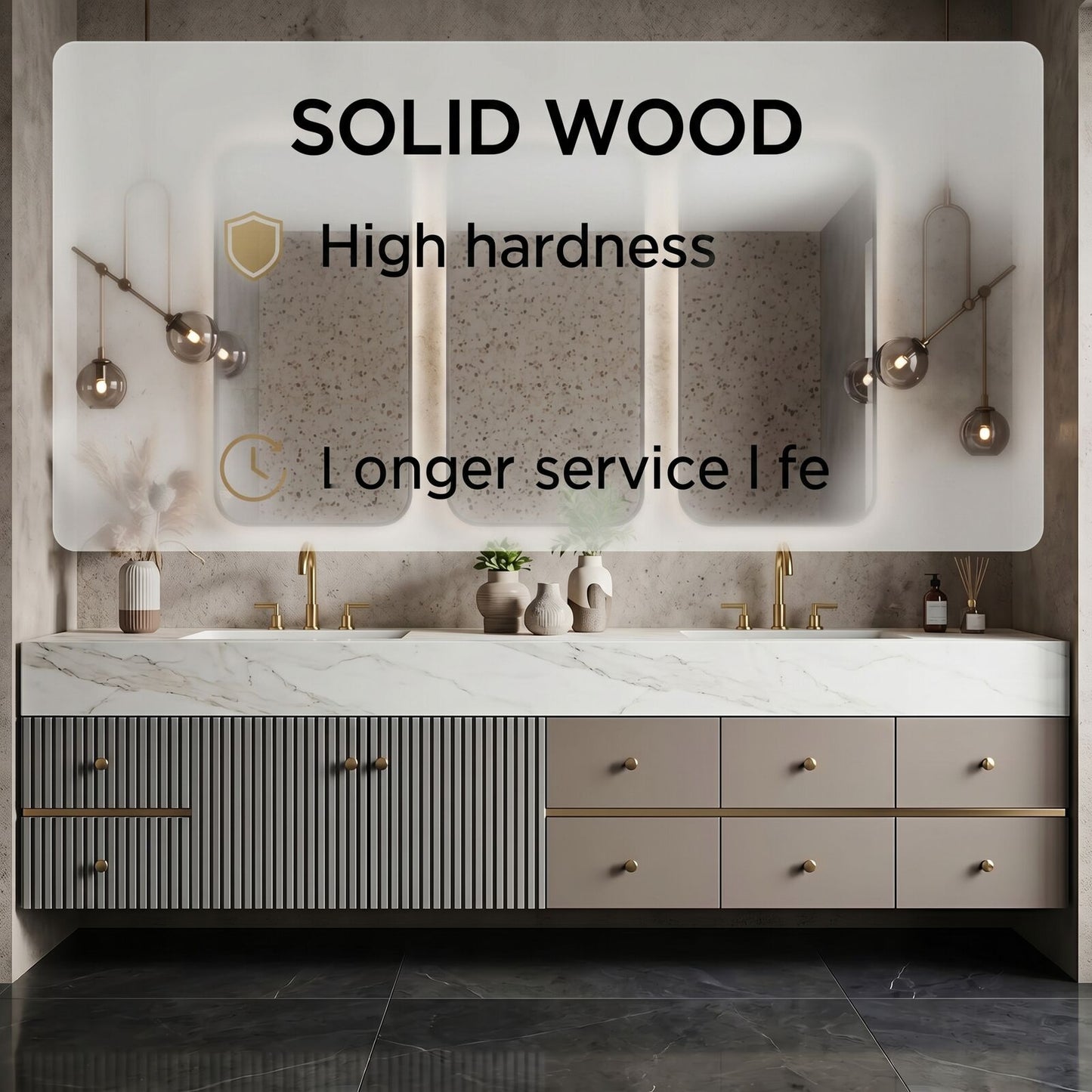 78''-96'' Double Bathroom Vanity with Sink Ribbed Panels White Marble Glass Mirror Cabinet