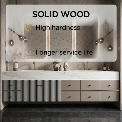 78''-96'' Double Bathroom Vanity with Sink Ribbed Panels White Marble Glass Mirror Cabinet