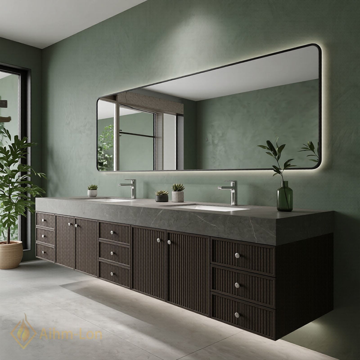 80''-96'' Double Bathroom Vanity with Sink Grey Stone Finish Slatted Wall Mounted