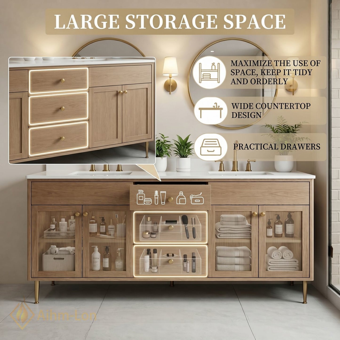 70''-96'' Modern Bathroom Vanity with Sink Double Sink Solid Wood Legs Round Mirrors