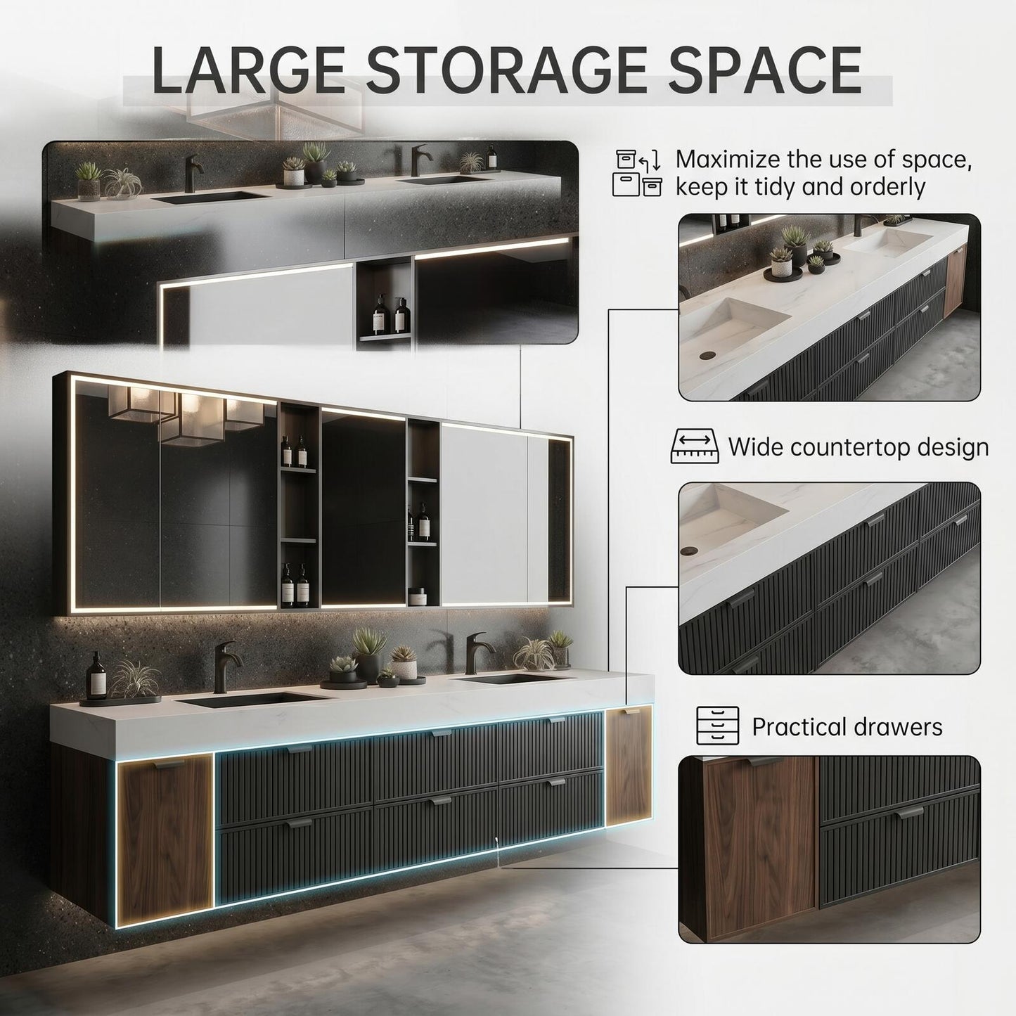 70''-96'' Modern Bathroom Vanity with Sink Floating Ribbed Drawers Wide Top Cabinet
