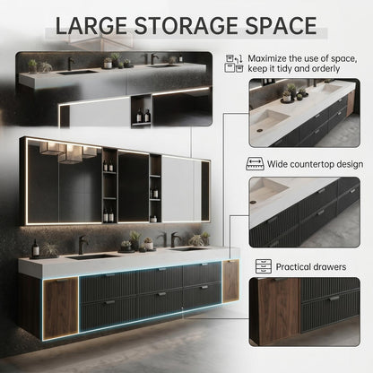 70''-96'' Modern Bathroom Vanity with Sink Floating Ribbed Drawers Wide Top Cabinet