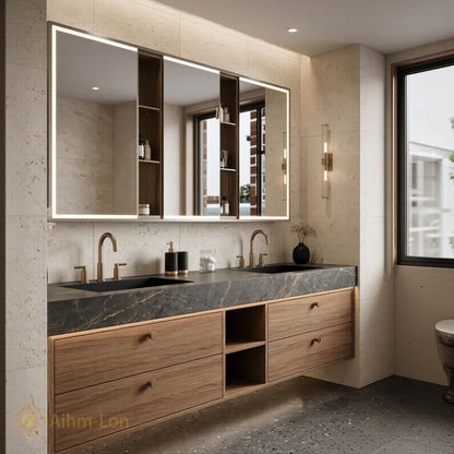 60''-96'' Double Bathroom Vanity with Sink Dark Modern Floating Stone-Top Drawers