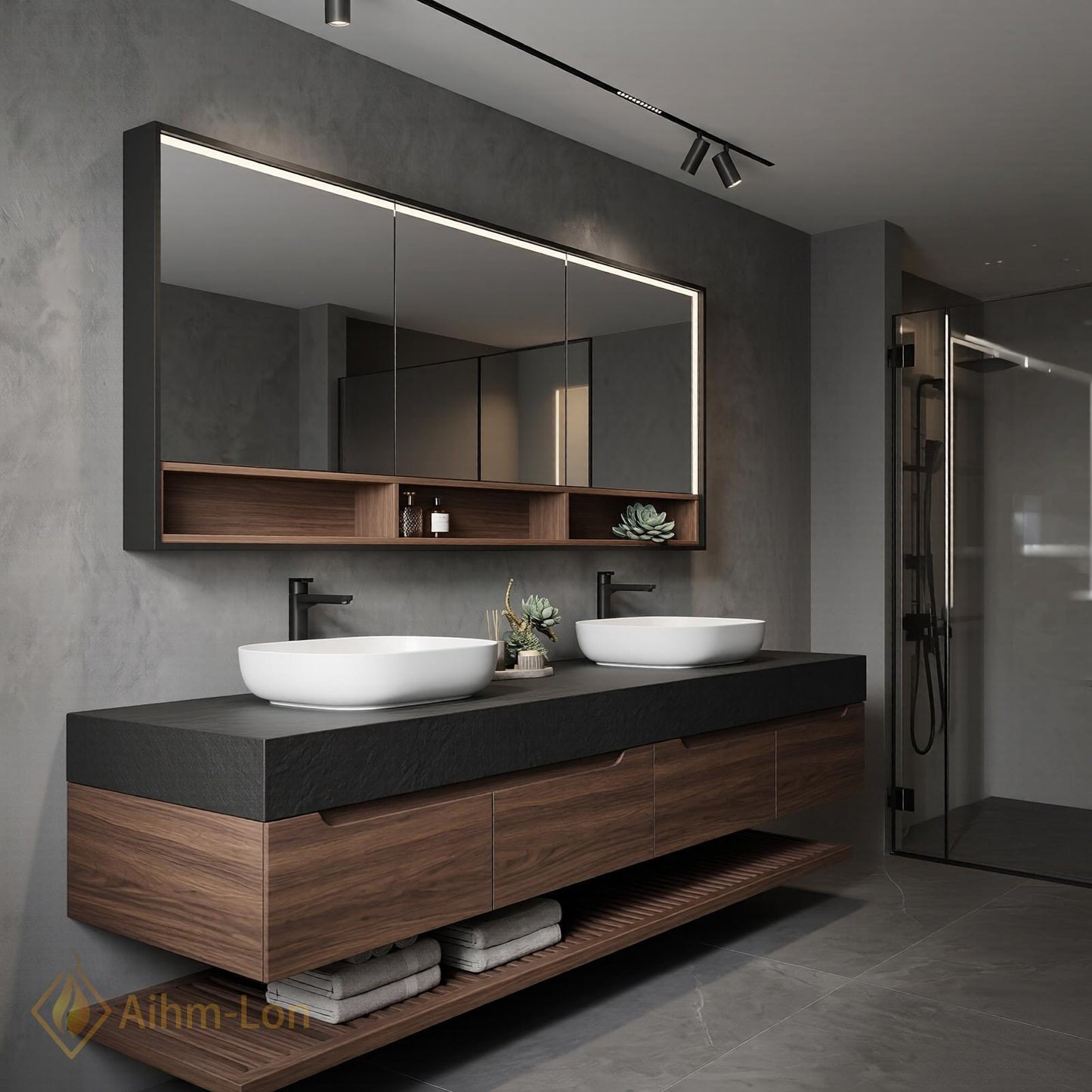 60''-96'' Double Bathroom Vanity with Sink Dark-Walnut Modern Floating Slatted Base