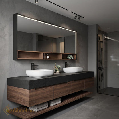 60''-96'' Double Bathroom Vanity with Sink Dark-Walnut Modern Floating Slatted Base