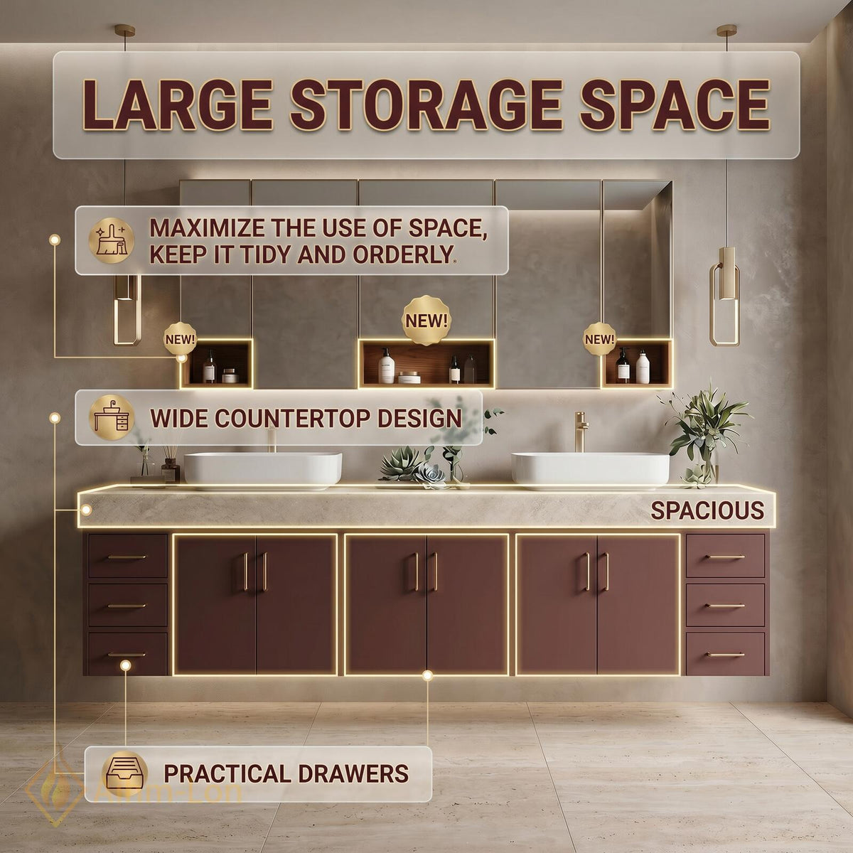 76''-96'' Bathroom Vanity with Sink Floating Double Stone Top Taupe Finish Spacious