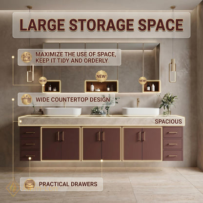 76''-96'' Bathroom Vanity with Sink Floating Double Stone Top Taupe Finish Spacious