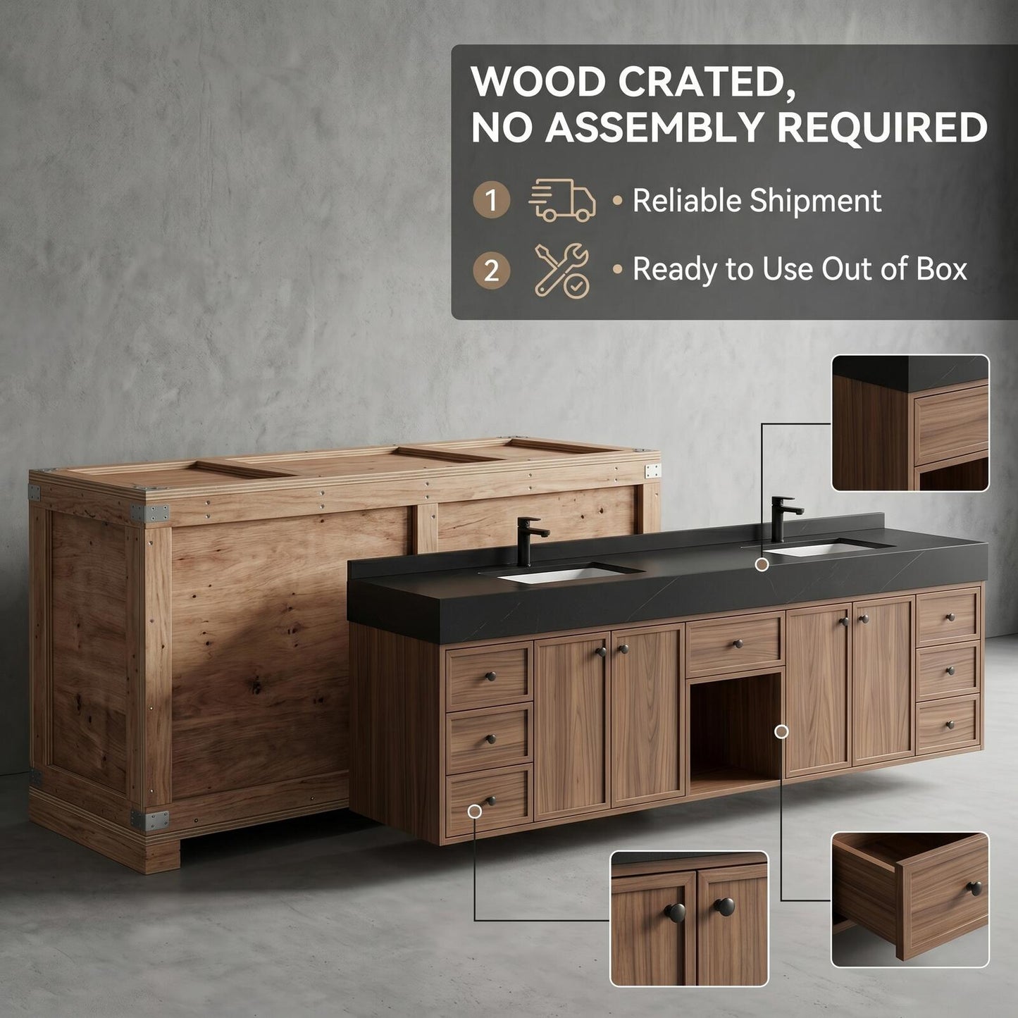 78''-96'' Modern Bathroom Vanity with Sink Double Dark Stone Top Drawer Storage