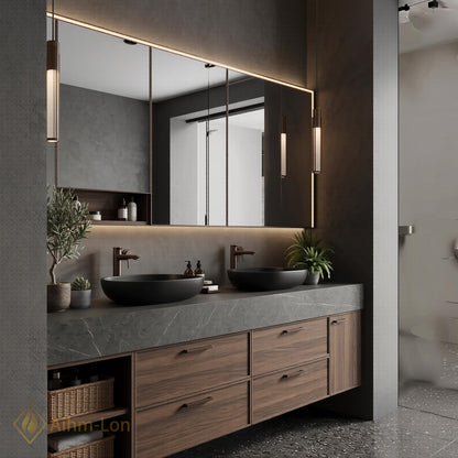 60''-96'' Double Bathroom Vanity with Sink Dark Walnut Finish Open Drawer Storage