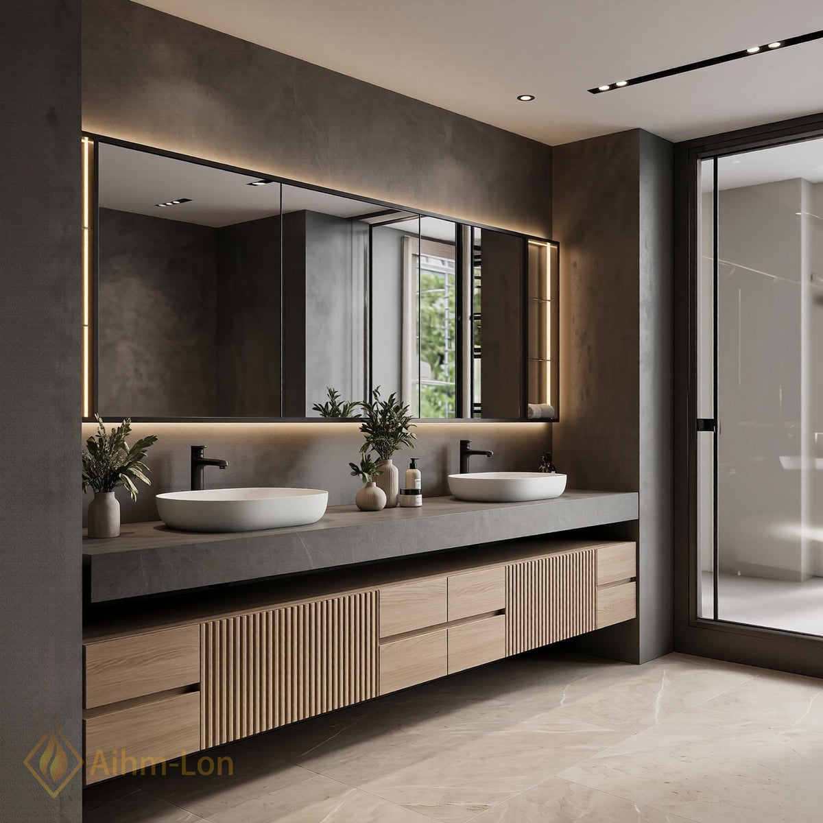 60''-96'' Double Bathroom Vanity with Sink Grey Stone Top Textured Wood Front