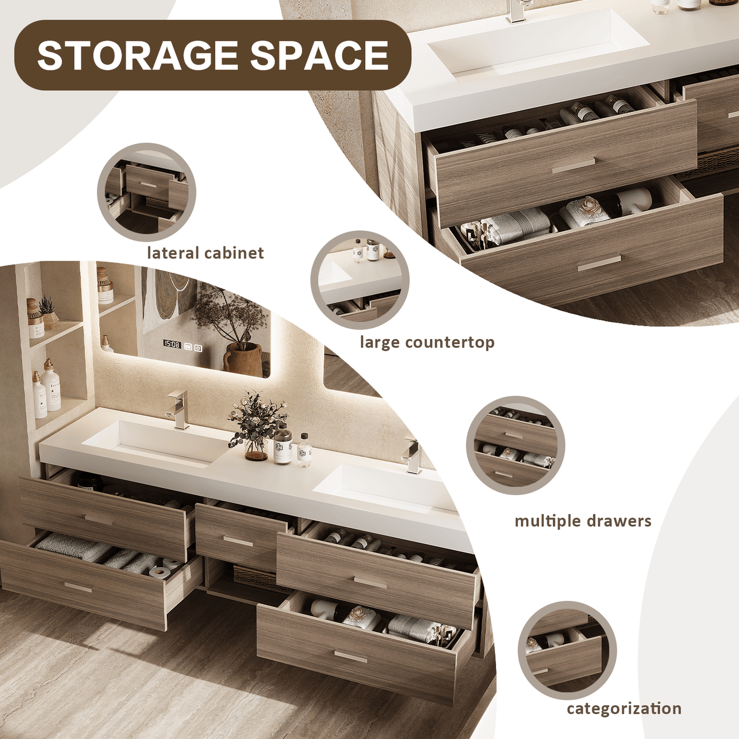 56"- 78"Floating Bathroom Vanity Includes Five Brown Wood Design Drawer