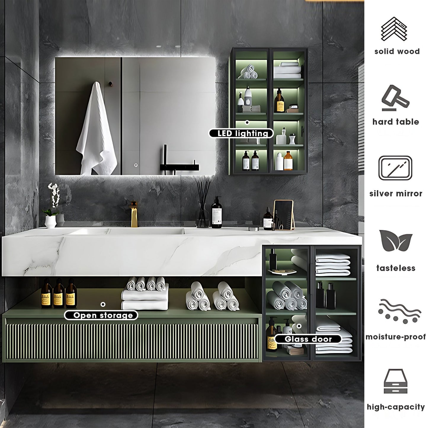 36"- 78" Green Bath Vanity Set with Defogging Mirror & Single Sink Floating