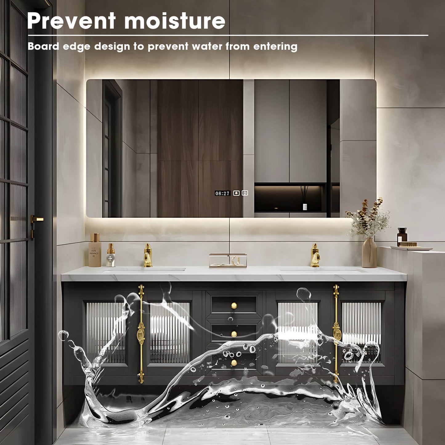 56"- 96"Elegant Double Sink Bathroom Vanity with Sense of Atmosphere Defogging Mirror
