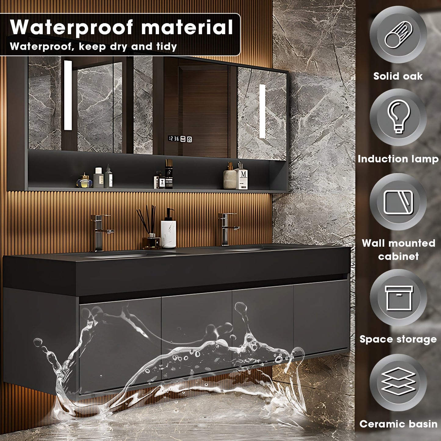 52"- 96"  Modern Floating Double Sink Bathroom Vanity Set,  Smart Mirror Cabinet