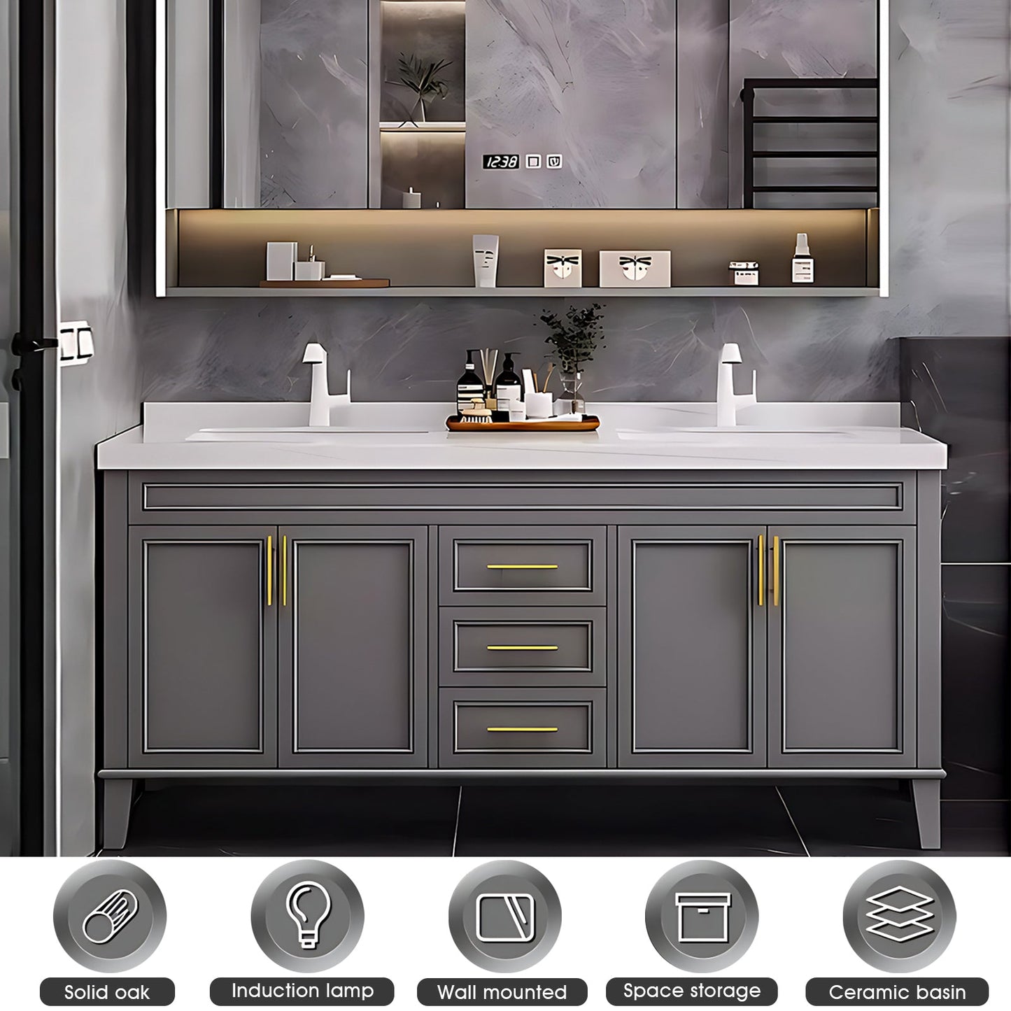 52"- 96"  Modern Bathroom Vanity Set with Double Sink and Defogging Mirror Cabinet Gray