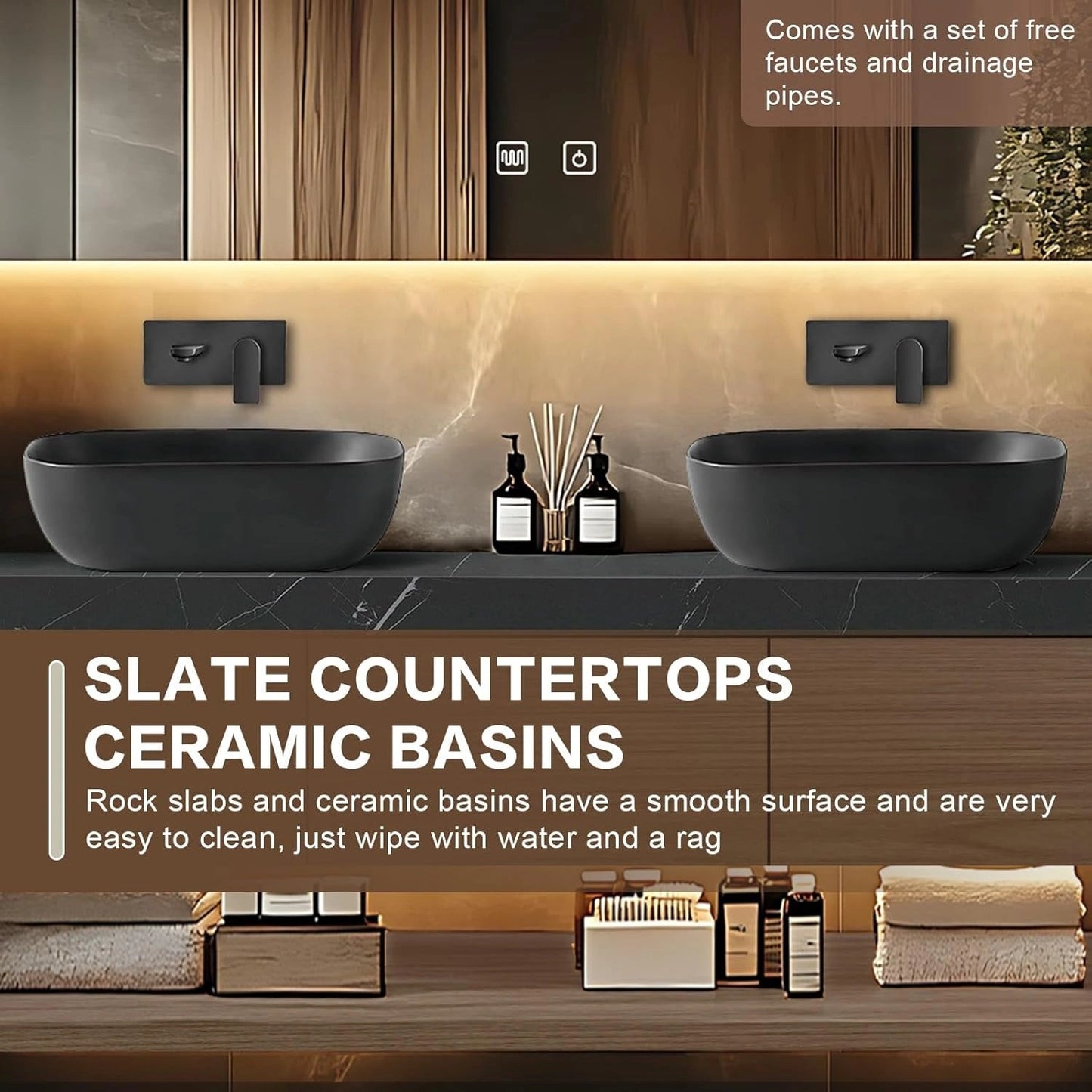 60"-96"Floating Bathroom Vanity with Double Sinks Includes Grey Sink & Wood Grain Cabinet