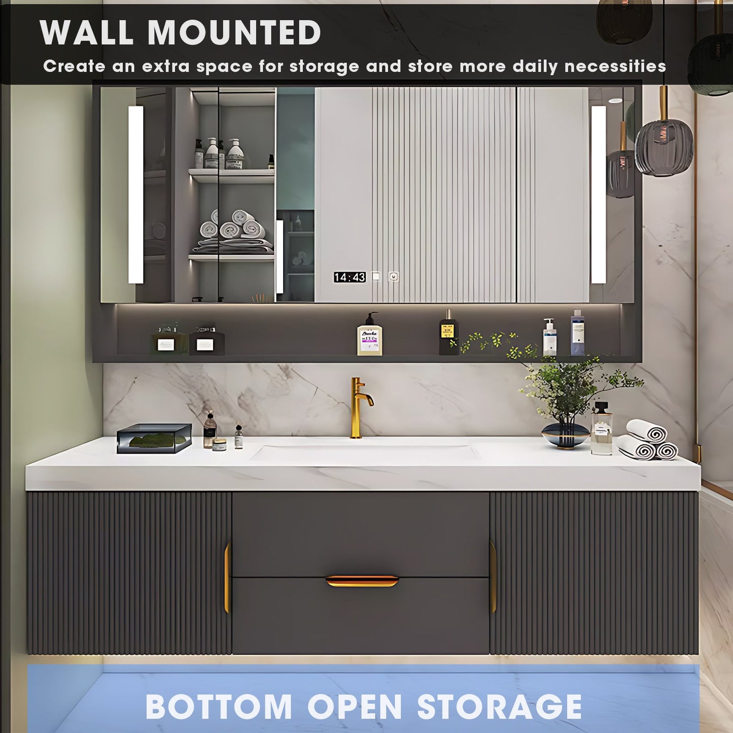 56"-96"Modern Bathroom Vanity with Sink Includes Gray Striped Storage Cabinet