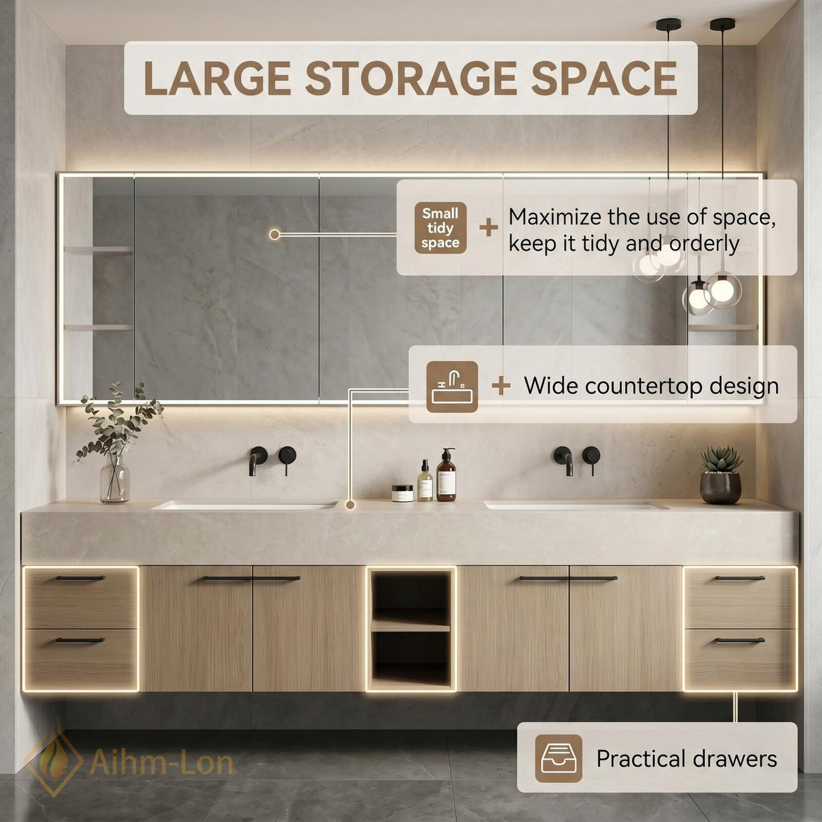 60''-96'' Double Bathroom Vanity with Sink Modern Floating Open Shelving Clean Line