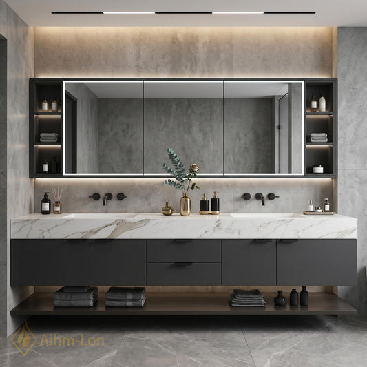70''-96'' Double Bathroom Vanity with Sink Modern Floating Marble-Look Shelf Large Base