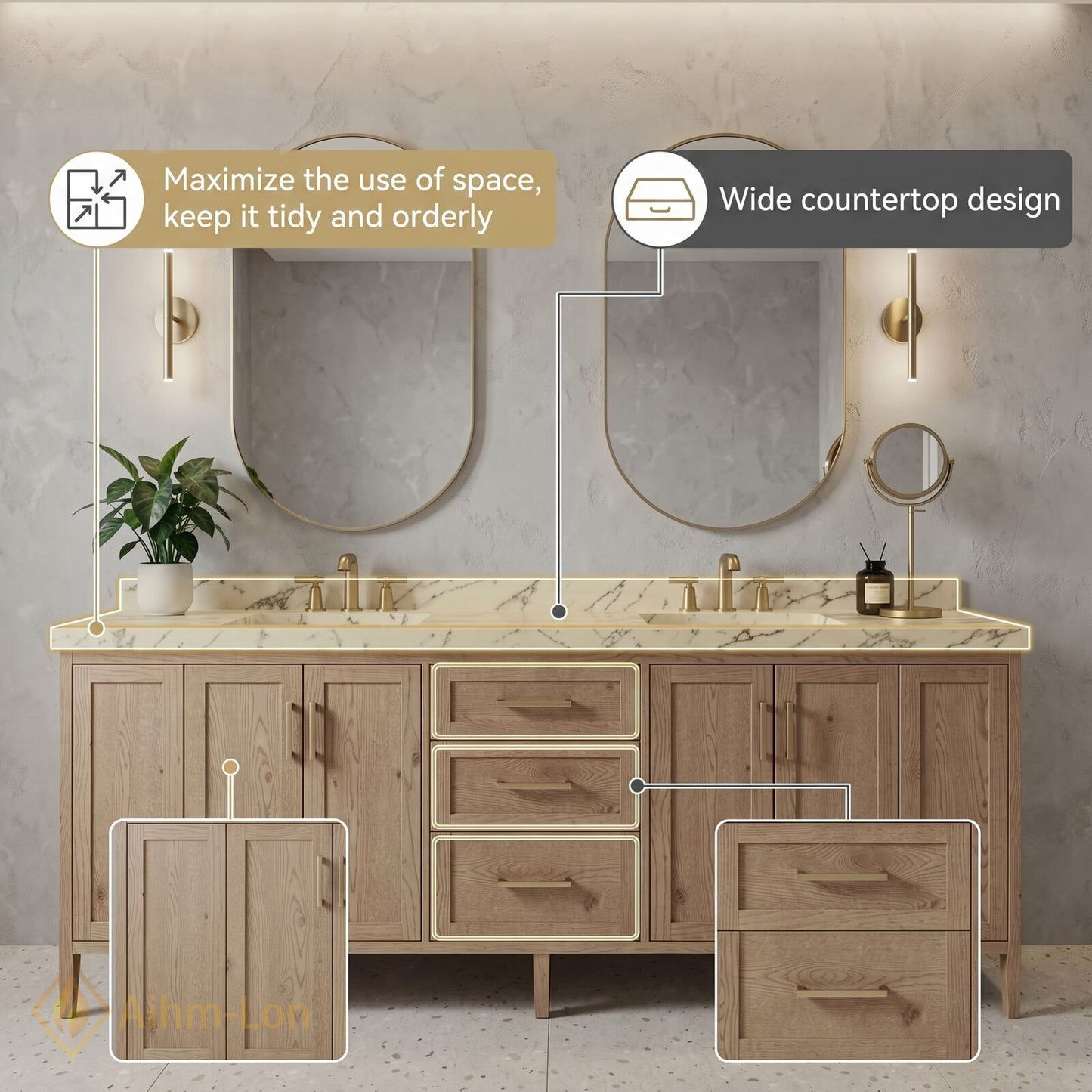 70''-96'' Modern Bathroom Vanity with Sink Marble Wood Grain Brass Open Drawers