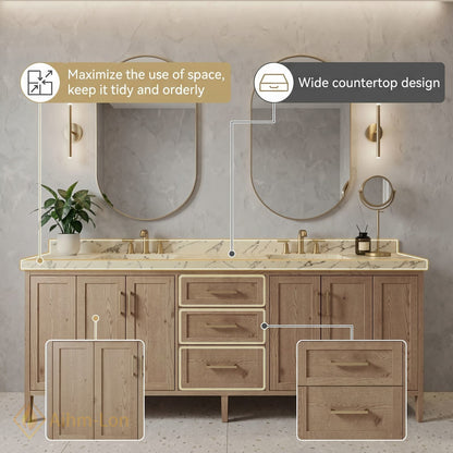 70''-96'' Modern Bathroom Vanity with Sink Marble Wood Grain Brass Open Drawers