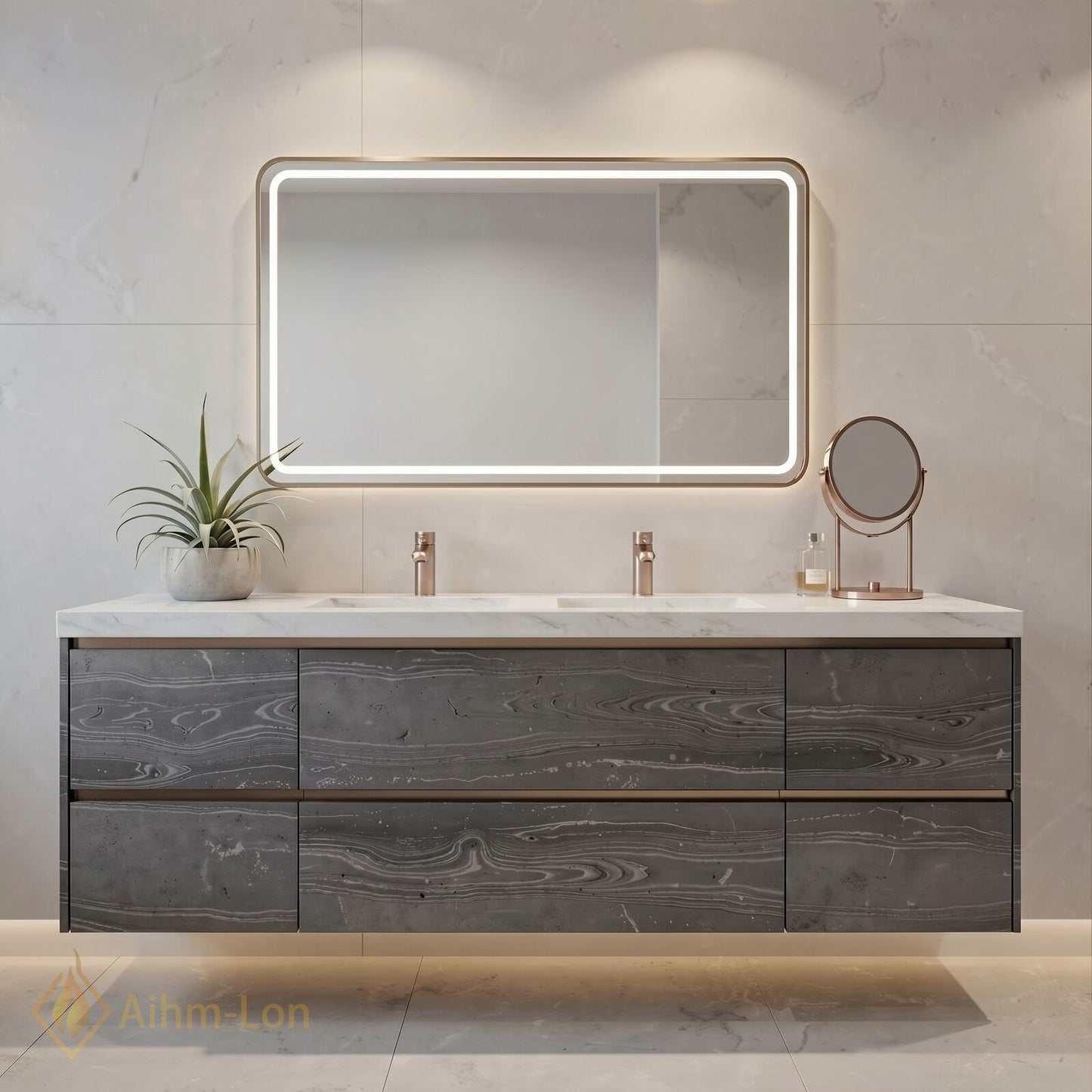 60''-96'' Floating Bathroom Vanity with Sink Charcoal Grey Marble-Style Drawers Cabinet