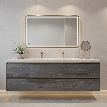 60''-96'' Floating Bathroom Vanity with Sink Charcoal Grey Marble-Style Drawers Cabinet
