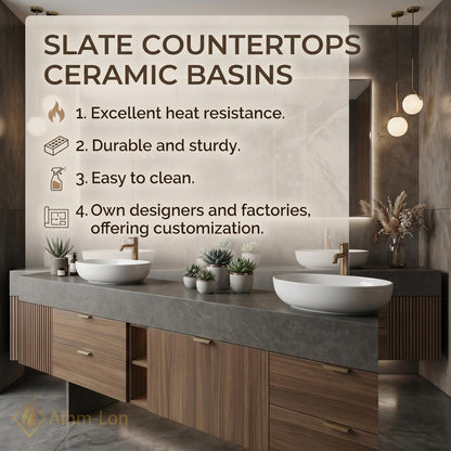72''-96'' Double Bathroom Vanity with Sink Dark-Walnut Modern Center Floating Shelving