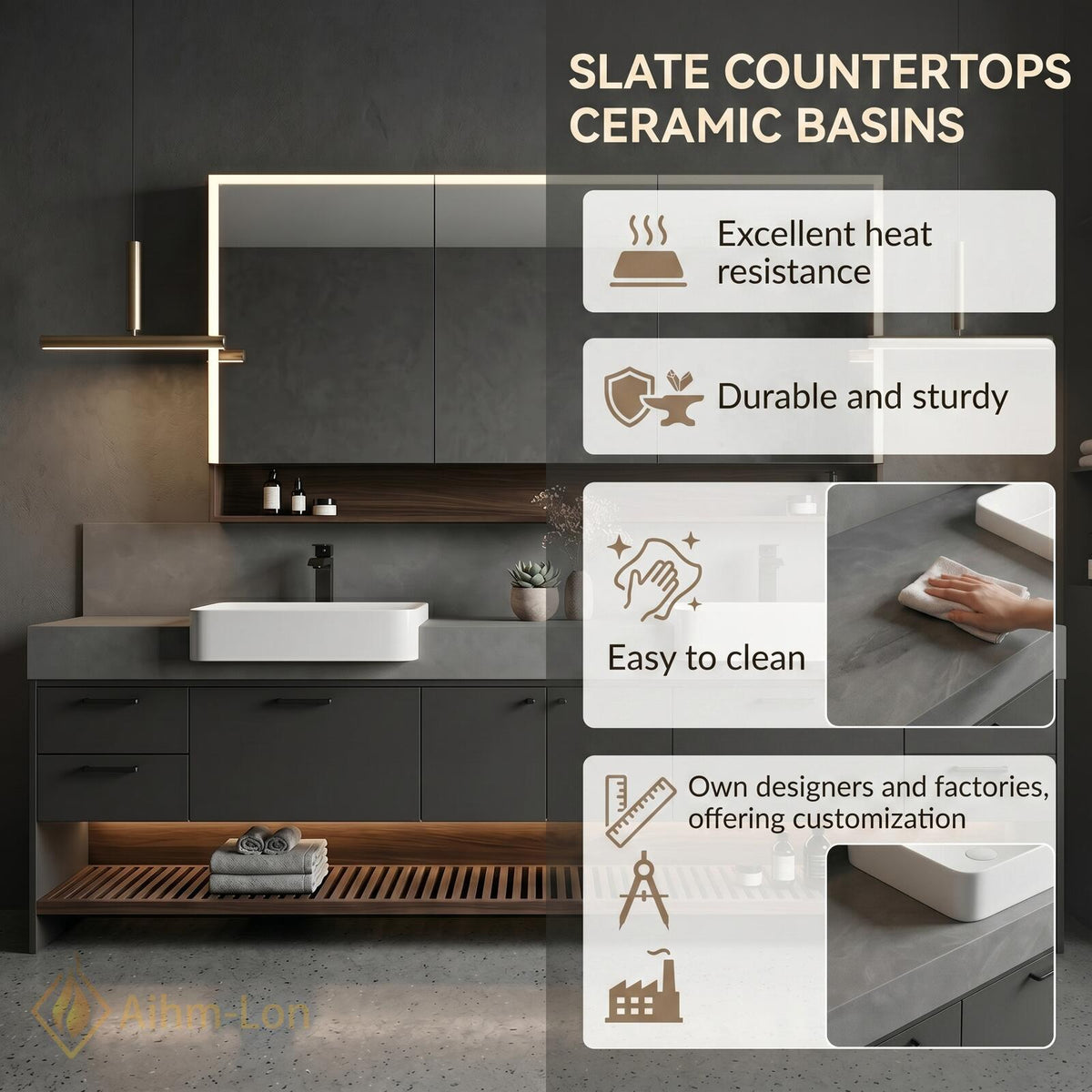60''-96'' Double Bathroom Vanity with Sink Modern Floating Basin Dark Gray Matte