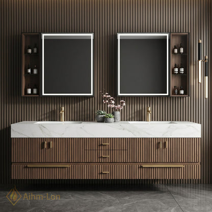 72''-96'' Double Bathroom Vanity with Sink White Modern Floating Basin Slatted Marble