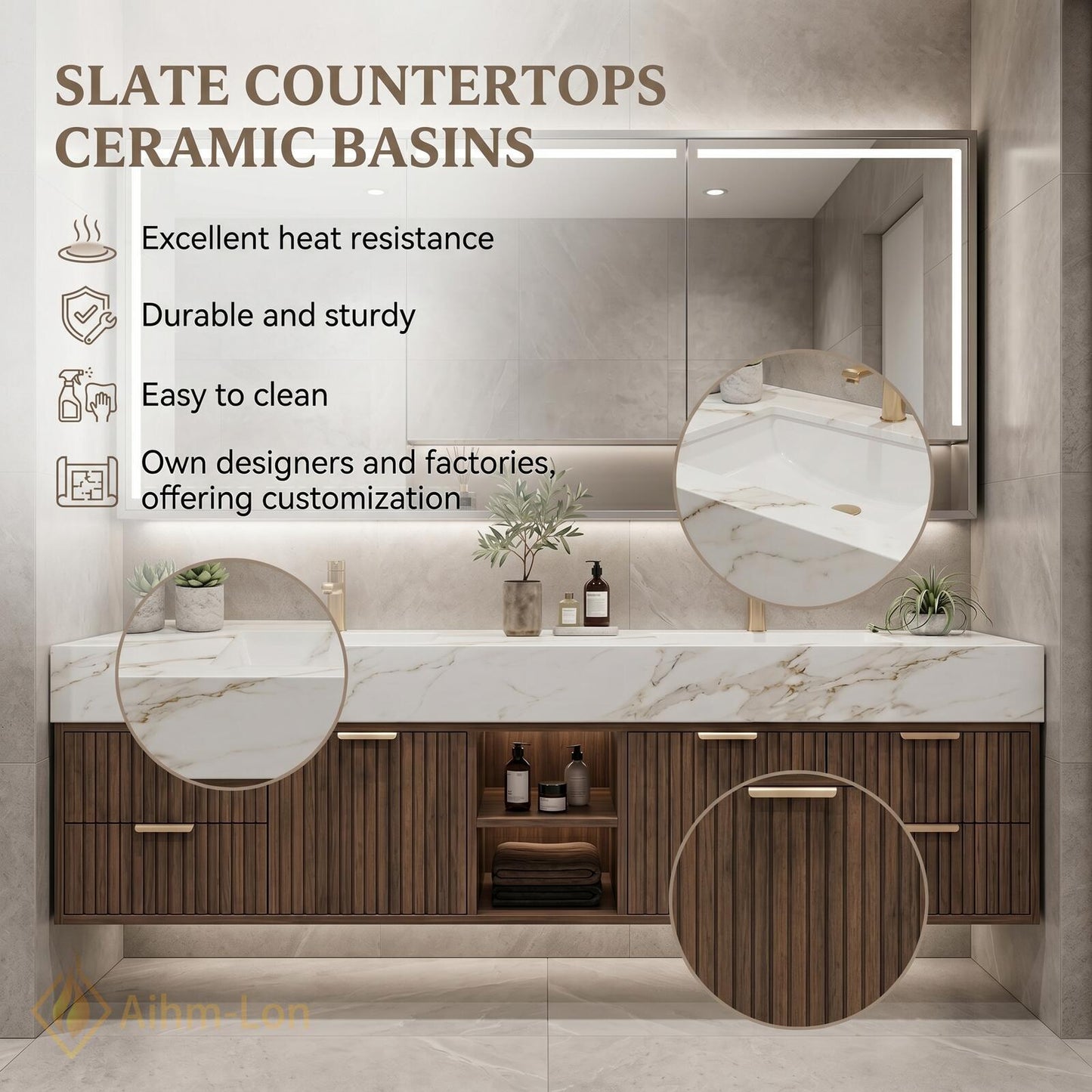 72''-96'' Double Bathroom Vanity with Sink Dark-Walnut Floating Slatted-Panel Dark