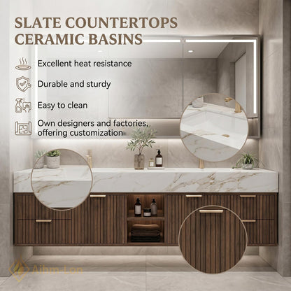 72''-96'' Double Bathroom Vanity with Sink Dark-Walnut Floating Slatted-Panel Dark