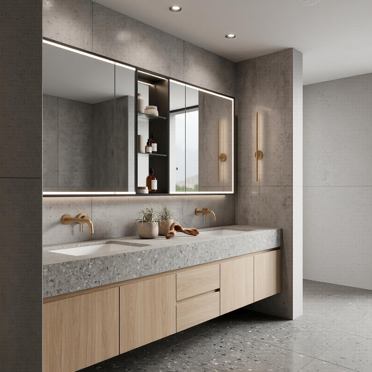 60''-96'' Modern Bathroom Vanity with Sink Floating Slatted Wood Center Glass Shelving