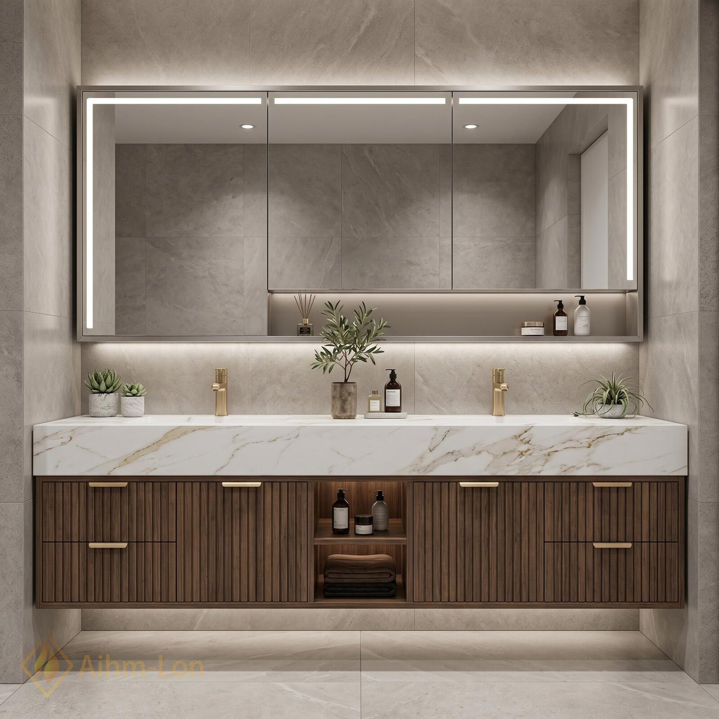 72''-96'' Double Bathroom Vanity with Sink Dark-Walnut Floating Slatted-Panel Dark