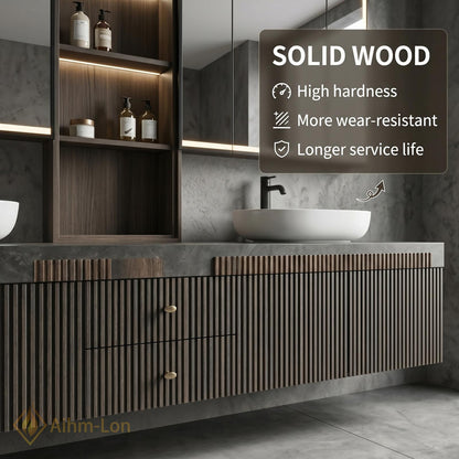 60''-96'' Modern Bathroom Vanity with Sink Floating Grey Slatted Stone Composite Drawers
