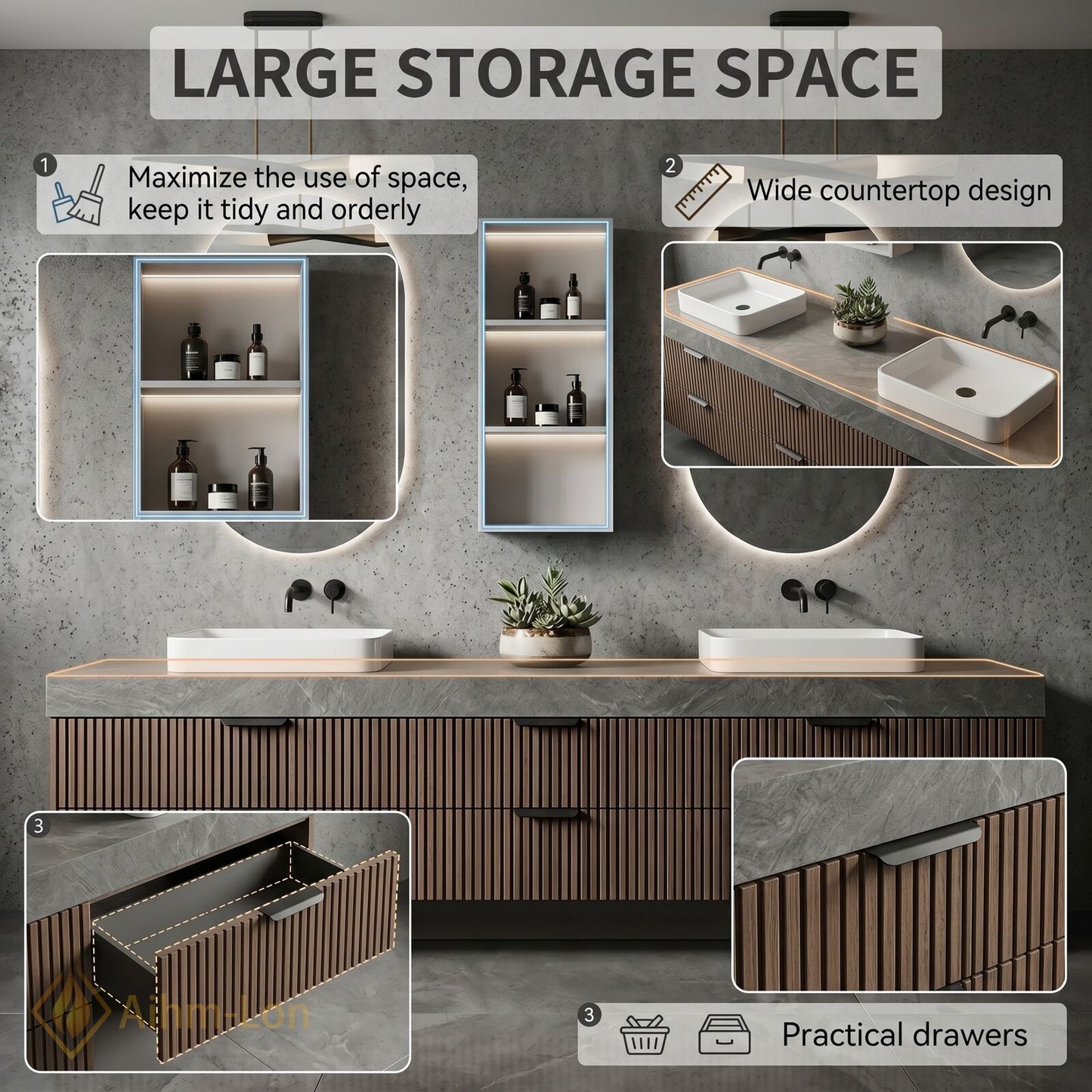 60''-96'' Double Bathroom Vanity with Sink Modern Open-Shelving Vertical Slat Paneling Dark