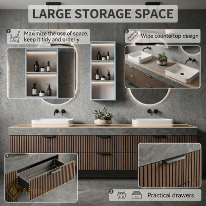 60''-96'' Double Bathroom Vanity with Sink Modern Open-Shelving Vertical Slat Paneling Dark